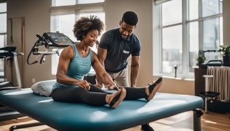 A person receiving physical therapy guidance from a doctor in a rehabilitation center.