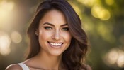 A confident woman with glowing, rejuvenated skin in a natural setting.