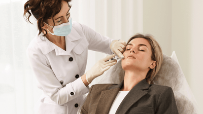 A medical professional administering a lip injection treatment.