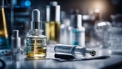 A close-up of a vial of Profhilo serum surrounded by scientific lab equipment.