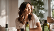 Woman in a serene setting with skincare products, reflecting a beauty routine after Juvederm treatments for sustained results