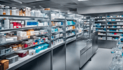 Shelves stocked with various medical supplies, potentially including Juvederm, ready for online order and delivery.