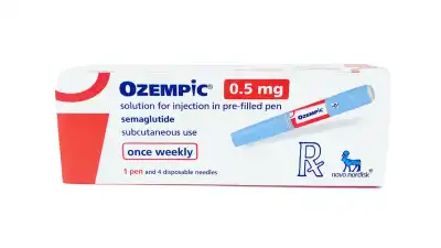Box of OZEMPIC® 0.5mg solution for subcutaneous injection in a pre-filled pen, semaglutide for weekly use. Includes one pen and four disposable needles. Features Novo Nordisk logo.