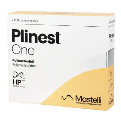 The image depicts a white box of PLINEST® ONE from Mastelli Aesthetics, featuring a yellow section at the bottom right. The front highlights "Polinucleotidi" and "HPT Technology.