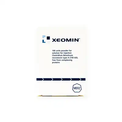 The image shows a minimalist white box labeled "XEOMIN® 100u," containing 100 units of Clostridium Botulinum neurotoxin type A powder for injection. The box features blue text and a geometric pattern at the bottom.