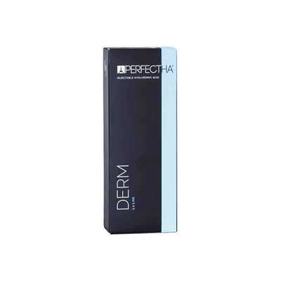 A black and light blue box labeled "PERFECTHA® DERM" in white text. The box has a sleek design with "Injectable Hyaluronic Acid" written at the top. The package appears to contain a skincare or cosmetic product.