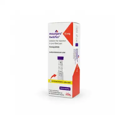 A box of MOUNJARO® 15mg KwikPen®, 1 Stk., featuring branding, dosage information, and instructions for subcutaneous injection. The packaging is primarily white with red and purple accents.
