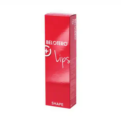 A tall, glossy red box labeled "BELOTERO® LIPS SHAPE with Lidocaine" stands upright, featuring white text and stylized graphics on the front for a professional appearance.