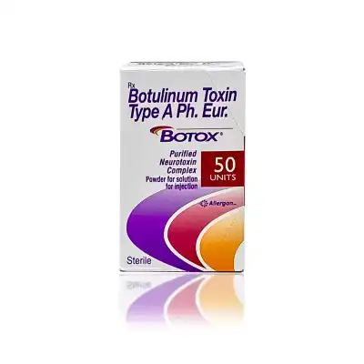 A white box of BOTOX® 50u (English Alternative) with text that reads "Rx Botulinum Toxin Type A Ph. Eur." and "BOTOX® 50u (English Alternative)" in blue and red text. It contains "50 UNITS" and "Purified Neurotoxin Complex" with "Powder for solution for injection." Allergan logo and various colors are also visible.