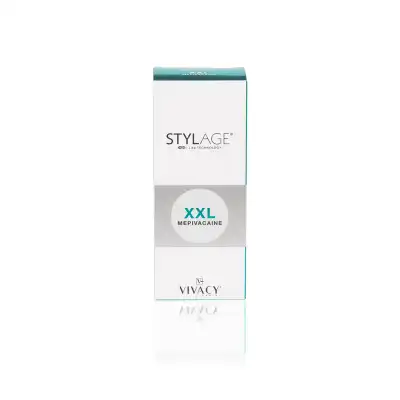 A green and white box labeled "STYLAGE® XXL BI-SOFT® Mepivacaine" with the Vivacy logo at the bottom. The box is upright and displayed against a white background.