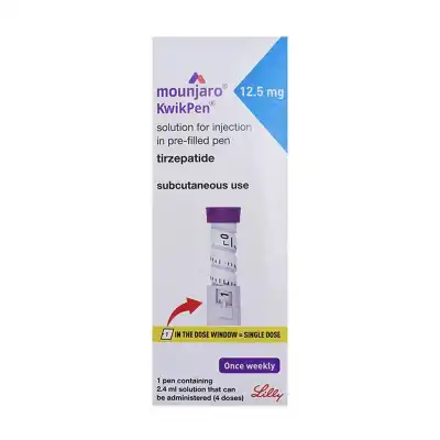 MOUNJARO® 12.5mg KwikPen®, 1 Stk.: a pre-filled pen for subcutaneous injection containing tirzepatide; packaging includes dosing instructions and displays the Lilly logo.