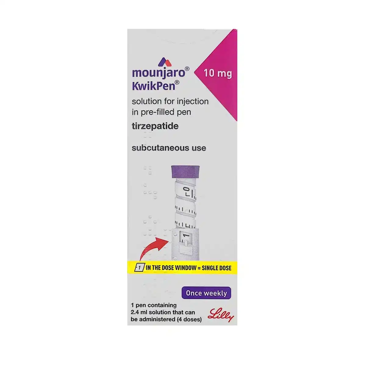 MOUNJARO® 10mg KwikPen®, 1 Stk. for subcutaneous injection, features branding, dosage info, and an image of the pen. The label states it contains tirzepatide and is for once-weekly use.