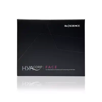 A sleek, black product box labeled "HYACORP FACE®" with the tagline "For Restoration of Volume and Contouring of the Face". The brand name "Bio SCIENCE" is displayed in the top right corner. The box design features subtle graphic lines in light pink.