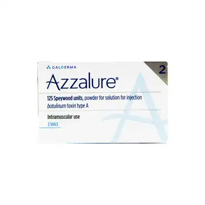 A white box labeled "AZZALURE® 2 vials" contains "125 Speywood units" of powder for a solution for injection of botulinum toxin type A. It is marked for intramuscular use and includes 2 vials. The brand "Galderma" appears at the top left.