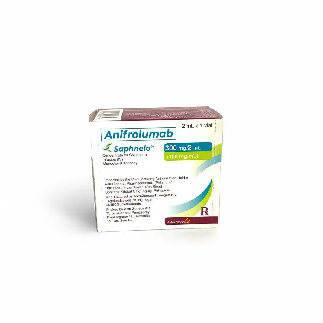 A box of SAPHNELO® 300mg/2ml (International English) injectable solution with prescription-only labeling and dosage details on the front.