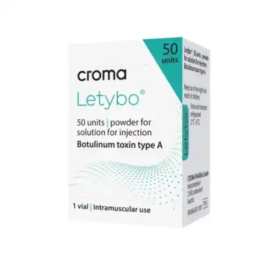 A box of Croma Letybo, containing 50 units of botulinum toxin type A powder for injection, labeled for intramuscular use. The packaging is mostly white with teal and black accents.