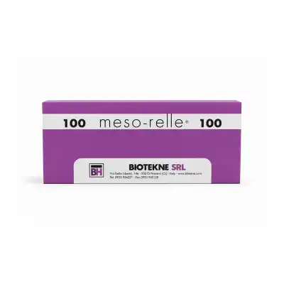 A rectangular purple and white box labeled “MESO-RELLE® 32G - 6mm” by BIOTEKNE SRL, featuring contact details and the BH logo on the front.