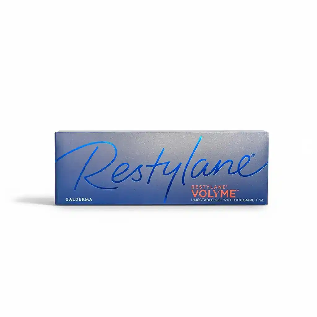 A blue box labeled "RESTYLANE® VOLYME with Lidocaine" and "1 mL," produced by Galderma, displayed against a white background.
