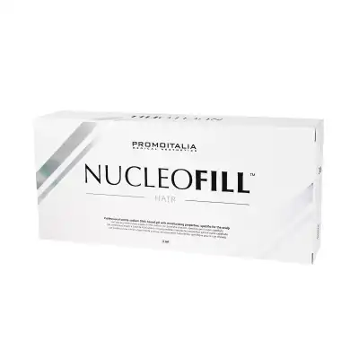 A white rectangular box labeled "NUCLEOFILL® HAIR" with a minimalist design, silver diagonal accents, and product information on the front.