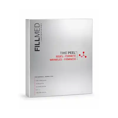 A silver box of FILLMED® TIME PEEL, featuring black and red text describing its wrinkle-reducing and skin-firming benefits for normal skin, with glycolic acid as an active ingredient.