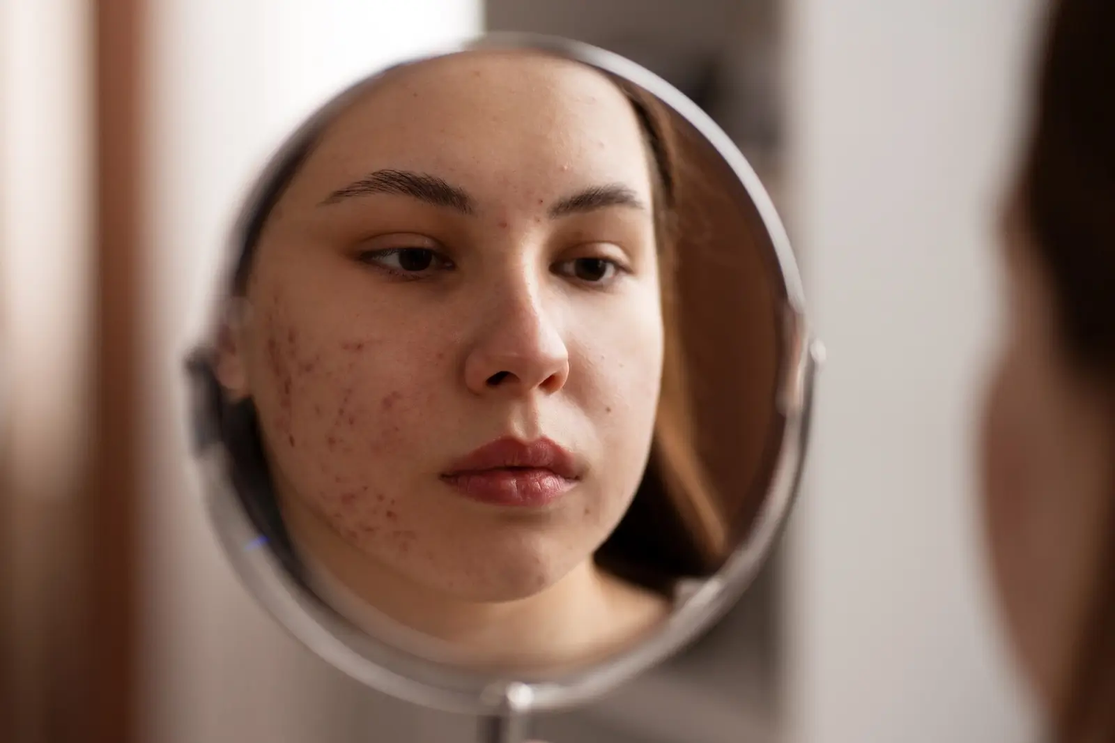 A person with long brown hair looks at their reflection in a round mirror. Their face shows visible acne. The background is blurred, focusing on the person's complexion and expression.