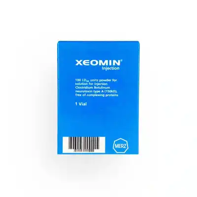 A blue box labeled "XEOMIN® 100u (Polish)" contains 100 LD50 units powder for solution, featuring Clostridium botulinum neurotoxin type A. The box indicates it includes one vial, is free of complexing proteins, and has a barcode at the bottom.