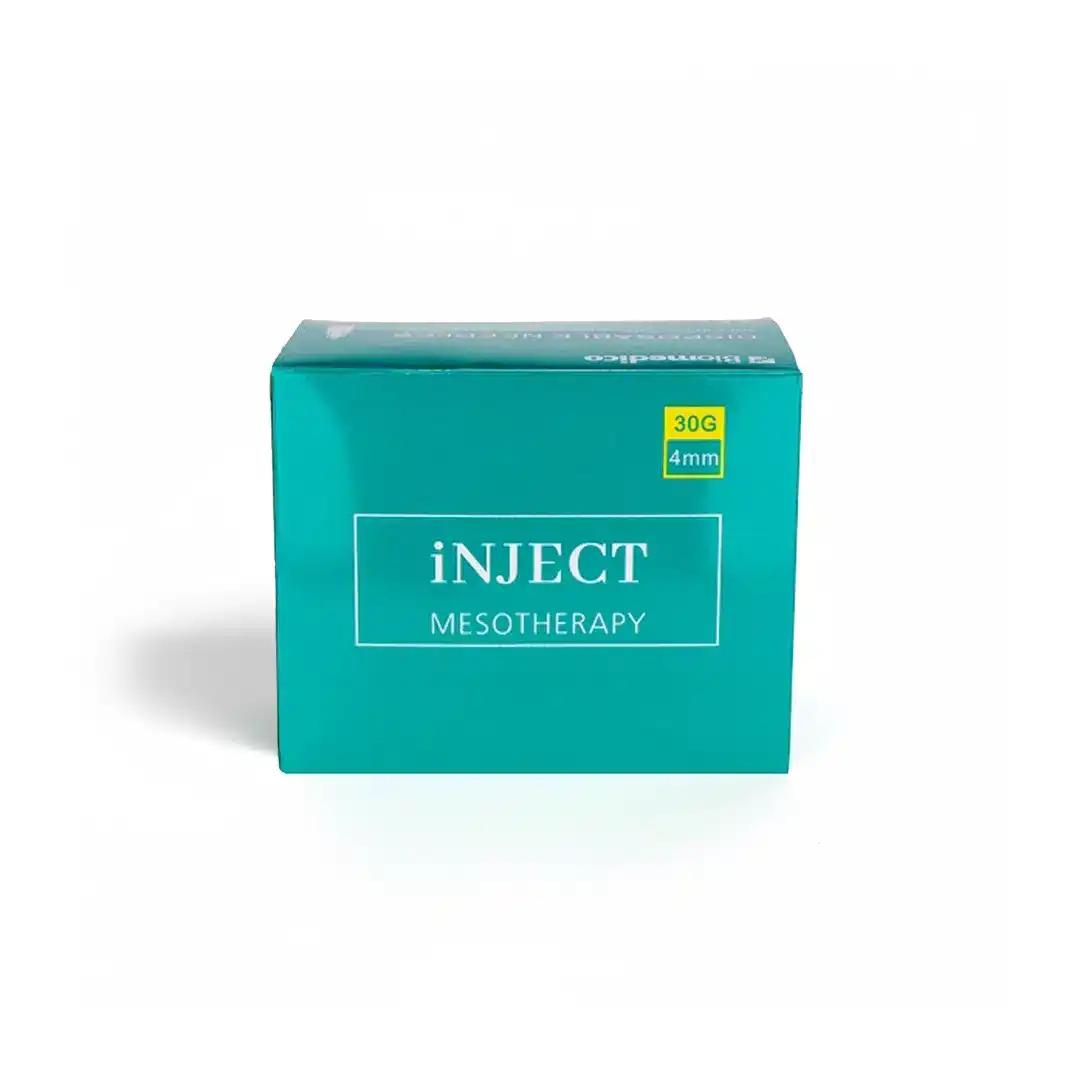 A teal box labeled "BIOMEDICO 30G - 4mm" with a small yellow label in the top right corner on a white background.