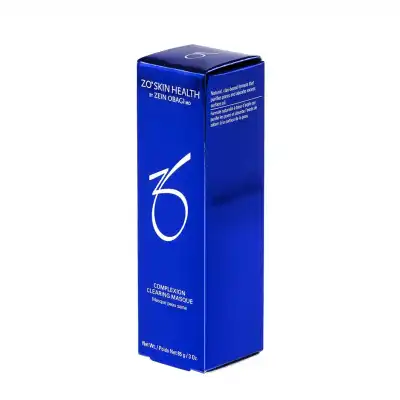 A tall, rectangular blue box labeled "ZO® SKIN COMPLEXION CLEARING MASQUE" stands against a white background. The front displays a stylized "Z" logo and mentions the product name. White text is present on the box's side.