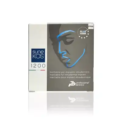 A product box for SUNEKOS® 1200. The packaging is gray with a minimalist blue and white face illustration. It includes text in Italian and English indicating its use for intradermal implants. The "professional dietetics" logo is at the bottom.