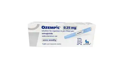 A box of OZEMPIC® 0.25mg shows a blue pre-filled pen image and includes text like "semaglutide," "subcutaneous use," "once weekly," along with the Novo Nordisk logo.