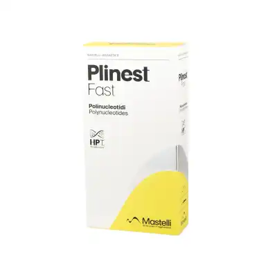 Image of a PLINEST® FAST (2ml) product box featuring a predominantly white design with yellow accents at the bottom. The text includes "Plinest Fast," "Polinucleotidi Polynucleotides," "HPT Technology," and the brand name "Mastelli.