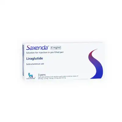 A white rectangular box labeled "SAXENDA® 6mg/ml - 3 Syringes (Italian)" contains medication for subcutaneous use. The active ingredient is liraglutide. The box includes 3 pre-filled injection pens and displays a blue and purple curved design on the right side.
