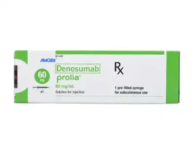 A white and green box labeled "PROLIA®" (International English) by Amgen, containing a pre-filled syringe for injection and marked with an Rx symbol, indicating it is prescription medication.