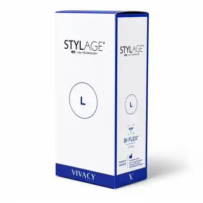 STYLAGE Bi-Bi-FLEX L is a dermal filler that uses IPN-Like Technology. The box is white with blue accents and features the brand logo, product name, and 'L' indicating the size.