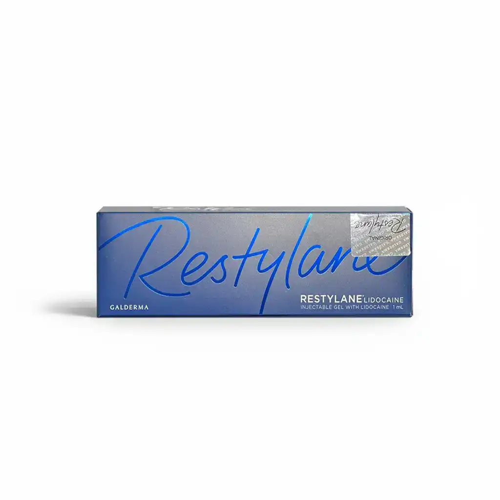 A blue box labeled "RESTYLANE® 1ml with Lidocaine" features a silver seal in the top right corner. The packaging shows it's an injectable gel with lidocaine produced by Galderma.