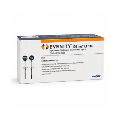 Box of EVENITY® 105 mg/1.17 mL (Non-English), containing two pre-filled syringes for subcutaneous injection, with labeling in Turkish.