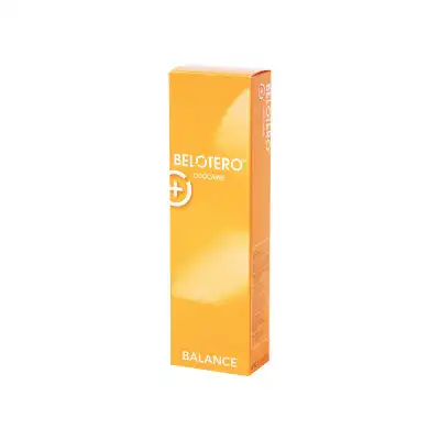 A minimalistic upright orange box labeled "BELOTERO® BALANCE with Lidocaine," displaying a white circular logo, is set against a plain white background.