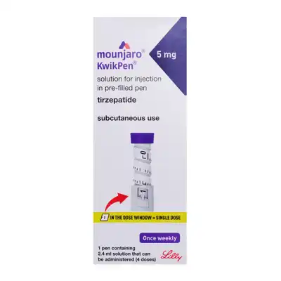 The image displays a box of MOUNJARO® 5mg KwikPen®, 1 Stk.—a pre-filled pen for once-weekly subcutaneous injection.