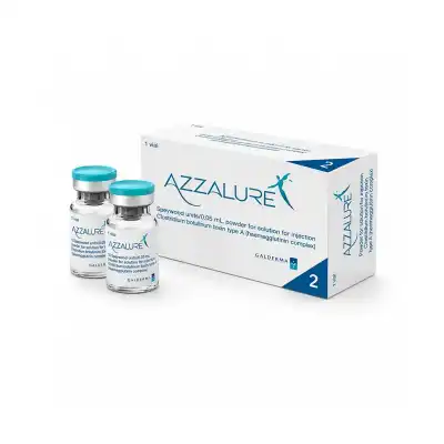 Two small vials with blue caps labeled “AZZALURE®” are placed next to a white and blue AZZALURE® 2 vials box. The packaging indicates it contains 2 vials of botulinum toxin type A for injection.