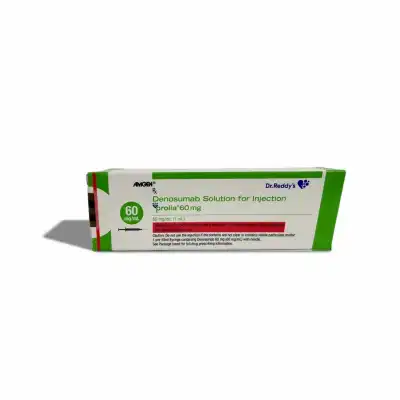 A white and green box of PROLIA® Solution for Injection (60 mg) is shown, displaying dosage details and usage instructions on the packaging.