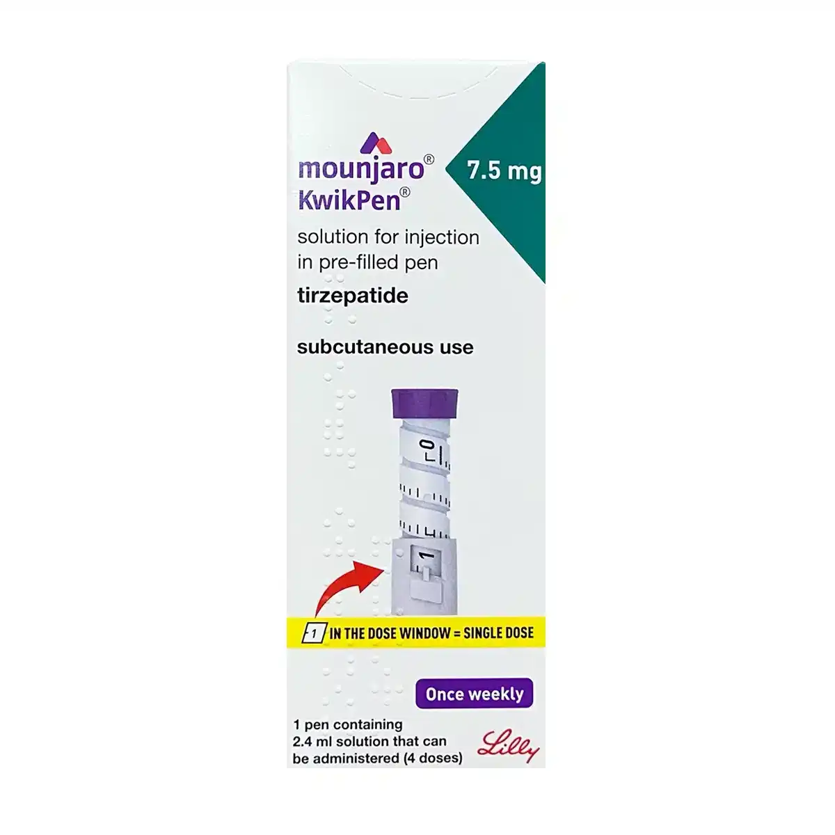 Front of a MOUNJARO® 7.5mg KwikPen® box, showing dosage, usage instructions for once-weekly tirzepatide injection (1 Stk.), and Lilly branding at the bottom.