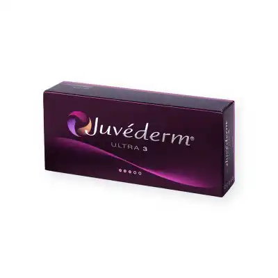 The image shows a rectangular, dark purple box with the word "JUVÉDERM® ULTRA 3" written in a large white font. The packaging is sleek and professional, implying it is a product related to skincare or cosmetic enhancement.