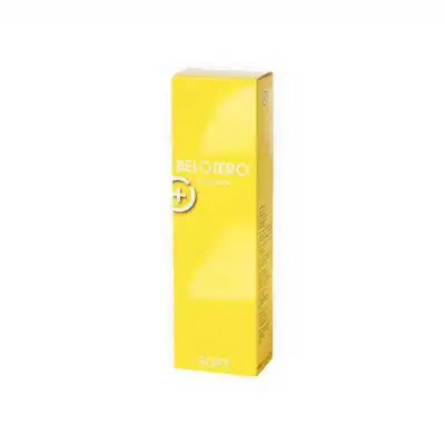 A tall, rectangular yellow box labeled "BELOTERO® SOFT with Lidocaine" stands upright against a plain white background, featuring white and light yellow text.