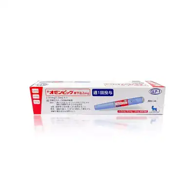 A white rectangular box of OZEMPIC® 0.5mg (Japanese) with blue and red text, featuring an image of a blue injection pen. The box includes text in Japanese and English, showing a dosage of 2mg/1.5mL. The brand name appears on the top right corner with a GLP-1 logo.