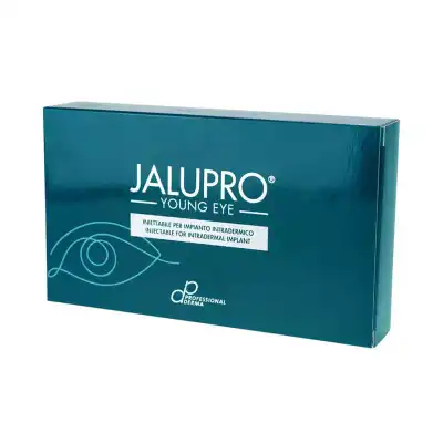 A teal box labeled "JALUPRO® YOUNG EYE" features white text and an eye line drawing on the left. The packaging is for an injectable product by Professional Derma.