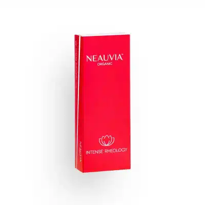 A rectangular red box of NEAUVIA™ ORGANIC INTENSE RHEOLOGY. The front of the box features the brand name "Neauvia" in white capital letters, followed by "ORGANIC." Below, there is a stylized floral logo and the product name, "INTENSE RHEOLOGY," in white text.
