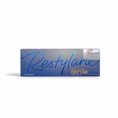 A blue box labeled "RESTYLANE® DEFYNE with Lidocaine," produced by Galderma, features a large Restylane logo and an authenticity sticker in the upper right corner.