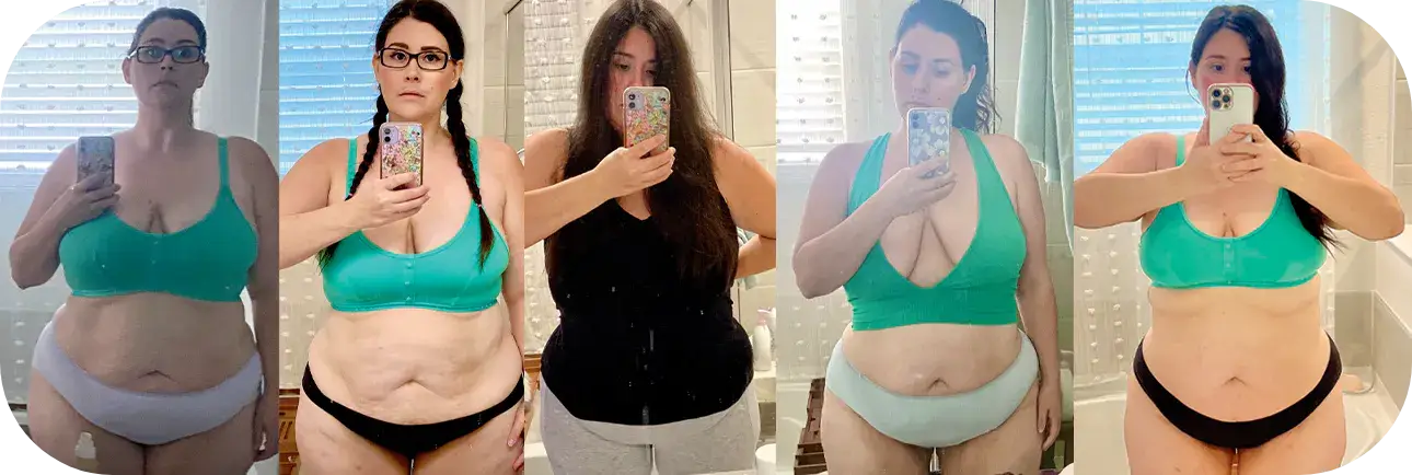 Five photos show the same woman in front of a bathroom mirror, documenting her weight loss progress over time. She wears different underwear and looks progressively slimmer in each image.