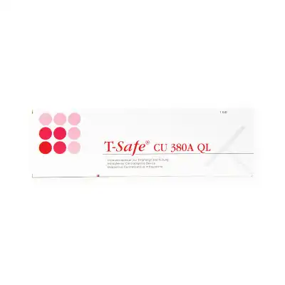 A white box labeled "SMB® TCu 380A with Safeload" featuring a design with red dots on the left side and text indicating it contains one intrauterine device (IUD).