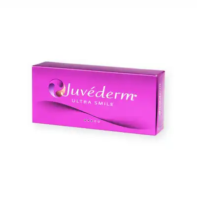 A pink rectangular box of JUVÉDERM® ULTRA SMILE is shown. The packaging has a gradient design with the Juvéderm logo, consisting of a curved line and a gradient sphere, and the text "ULTRA SMILE" printed below it.